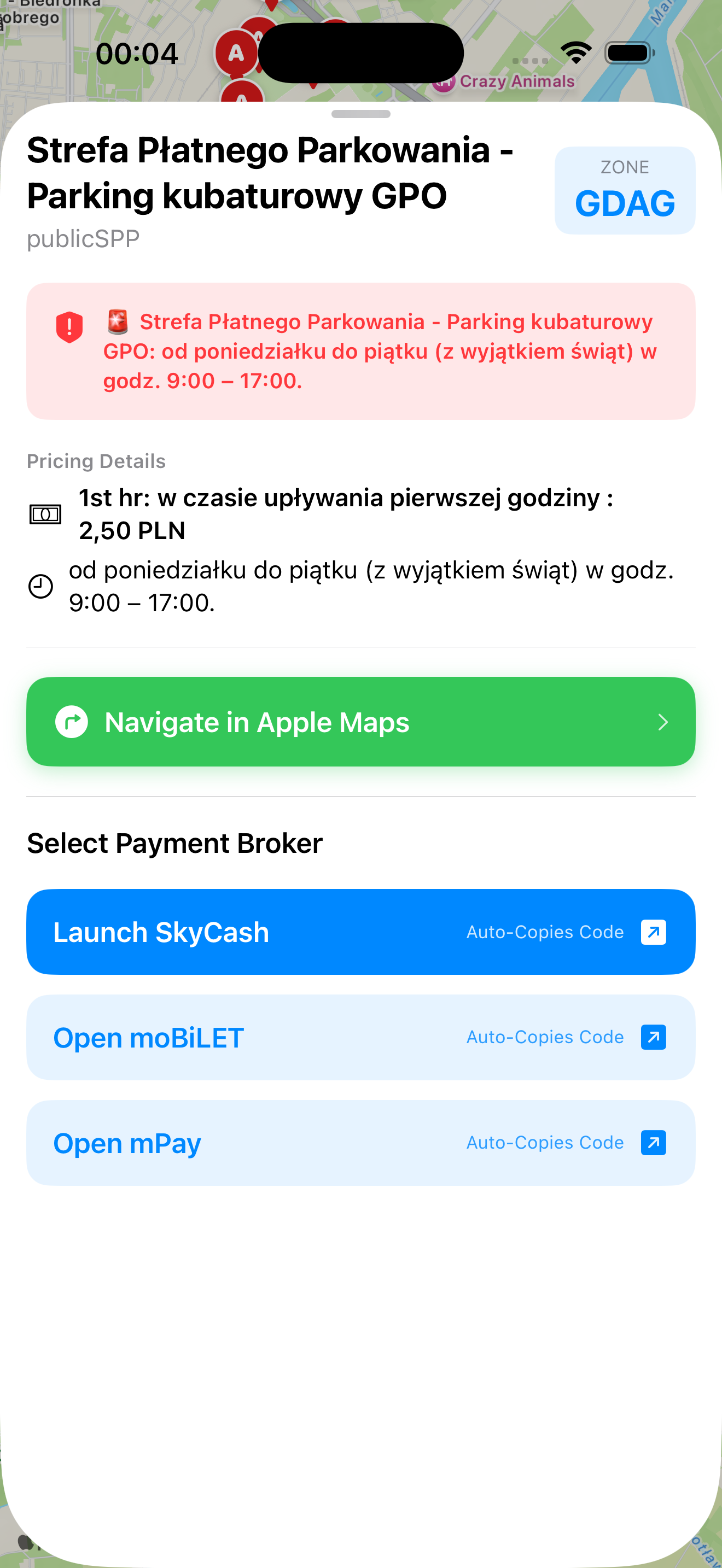 Parking detail sheet with pricing and payment broker options