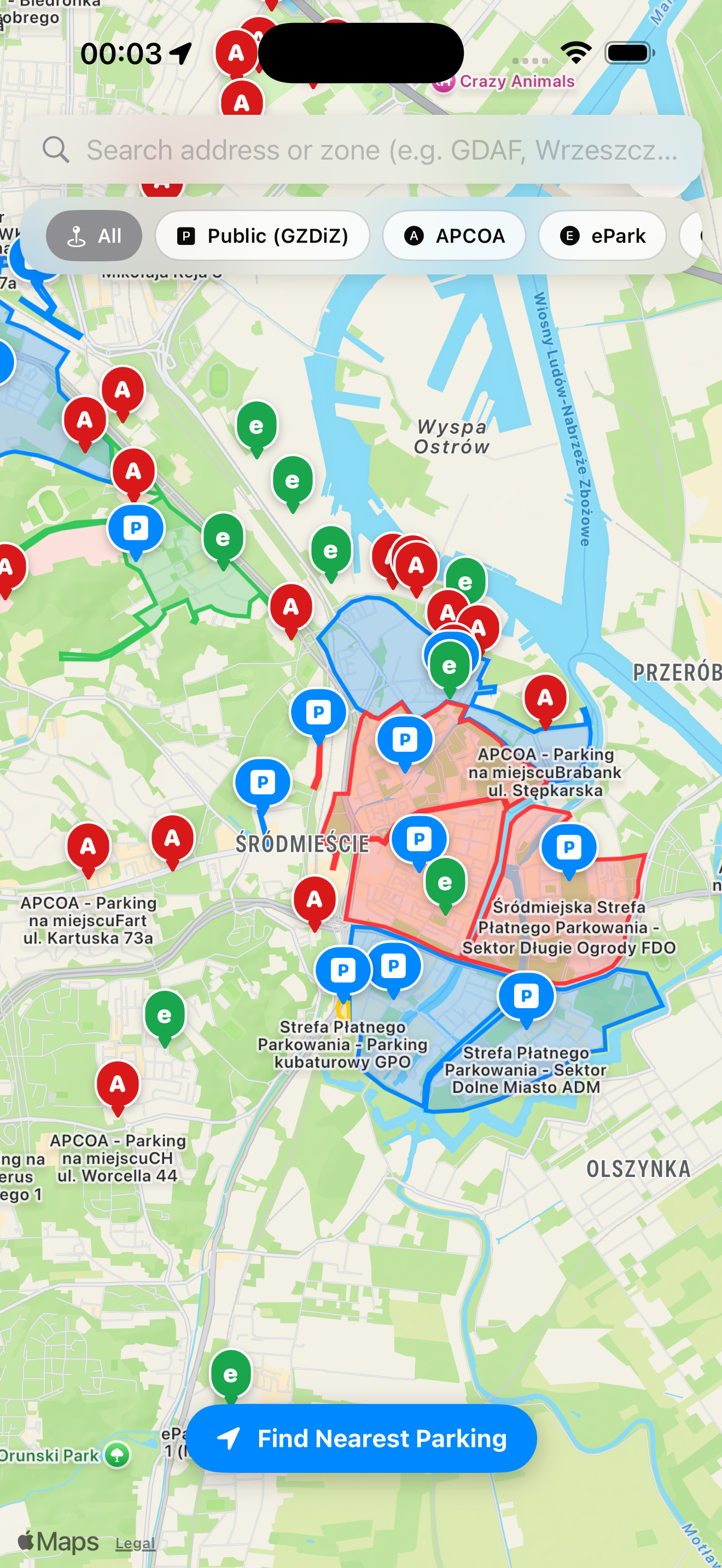 QuickParking map view showing parking zones across Gdańsk