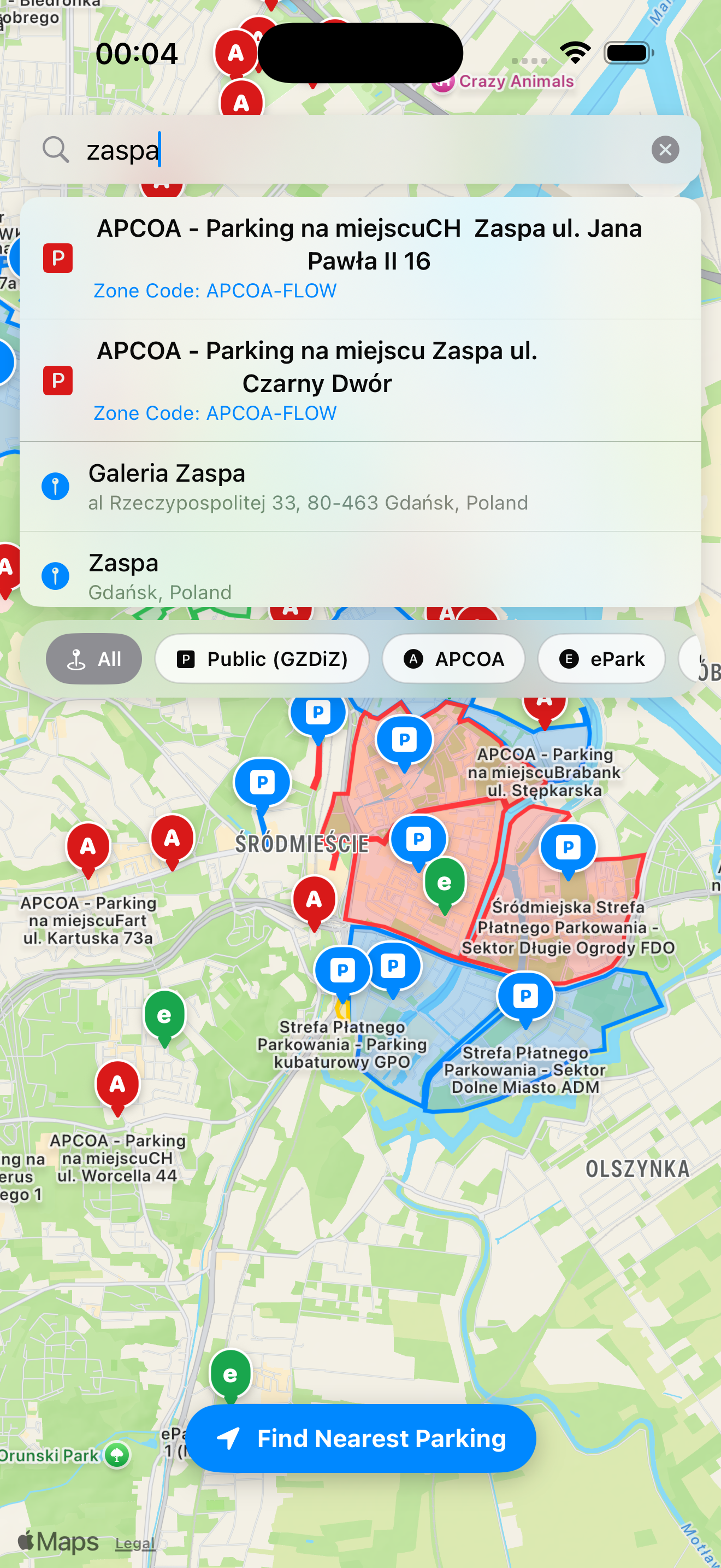Search view listing nearby parking locations